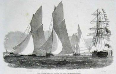 Royal Victoria Yacht Regatta 1852 - From left to right: Mosquito, Arrow, America and Brilliant