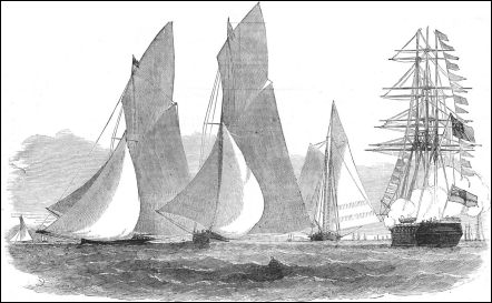 Royal Victoria Yacht Regatta 1852 - From left to right: Mosquito, Arrow, America and Brilliant