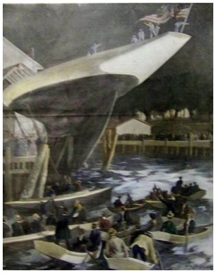 1899 Hand colored wood engraving from Harper's Weekly showing the "Launching of Columbia"