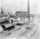 Removing the ocean gear from the Shamrock. August 1899.