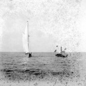 Shamrock meets a tug, Robert Haddon, off Sandy Hook. August 1899.
