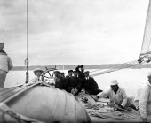 1591-View of Shamrock's helm, with crew and lady. c1900.