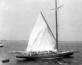 183-View of Shamrock IV with main sail unfurled at sea. 1920.