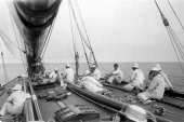 202-Shamrock IV's crew resting after one of the challengers races. 1920.