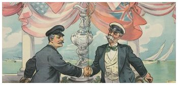 Illustration shows an American yachtsman shaking hands with Sir Thomas Lipton, with the America's Cup between them.