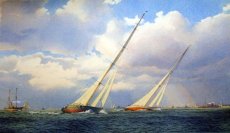  Martin Swan RSMA - Shamrock V racing Enterprise off Rhode Island, New York - Americas Cup 1930. - This painting shows the yachts soon after the start of the third race, when Shamrock held the lead, the only time indeed that Sir Thomas Lipton’s yacht was in such a position in the entire seven race series.  Soon after, Sir Thomas, on his motor yacht Erin, pictured LHS, watched as Shamrock’s main halyard parted in increasingly difficult seas, and her sail crumpled onto the deck. Race over.