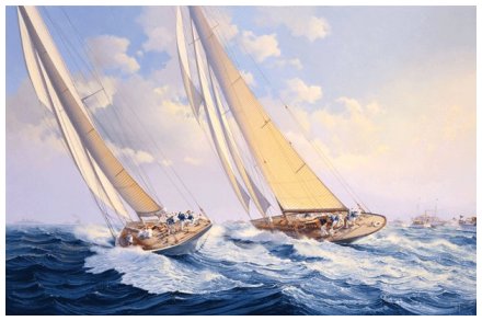 1930 America's Cup  Oil on canvas 26” x 40” 1996  Harold S Vanderbilt’s J Class yacht Enterprise racing Sir Thomas Lipton’s Shamrock V.  In the third race in hazy weather over a windward leeward course, Lipton won the start, but whilst Shamrock’s crew were concentrating on getting in the mainsheet, Vanderbilt put in a quick tack to clear his wind and went on to win.
