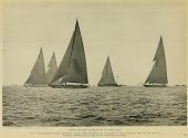 THIRTY SECONDS AFTER START OF FIRST RACE - Left to right: Enterprise, Vanitie, Whirlwind, Resolute, Weetamoe.