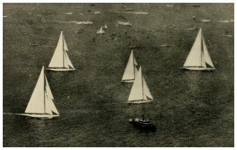 First race of Cup candidates off Glen Cove - Left to right: Enterprise, Weetamoe, Resolute, Vanitie, Whirlwind.