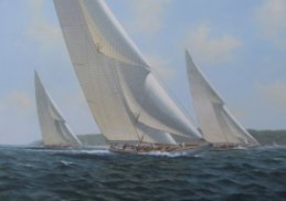 Rhode Island 1930: On sea trials for the America's Cup, the eventual cup winner ENTERPRISE [right] holds off WEETAMOE and YANKEE. After painstaking historical research, this 20in x 30in painting of a victory for the New York Yacht Club syndicate's J Class yacht by the British marine artist Adrian Rigby is currently on sale in the USA.