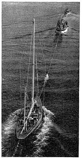 T. O. M. Sopwith’s Endeavour being towed by Vita at the end of transatlantic voyage. The craft are being led by the U. S. Coast Guard Cutter Argo.