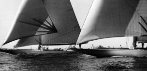 The Rainbow and Yankee during the Nichols Cup races.  Prior to the Americas Cup, Rainbow and Yankee competed in several intense races to determine which would be the next defender.  From the Edwin Levick Collection