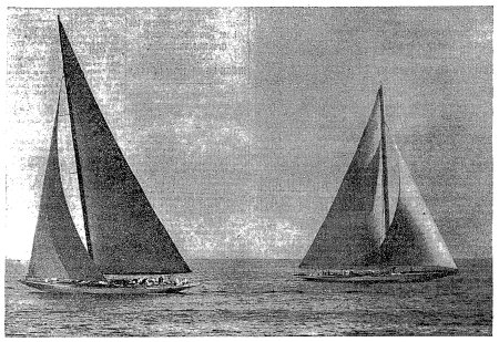 The New York Times - RIVAL AMERICA’S CUP BOATS AT FIRST MARK IN TRIAL OFF NEWPORT. Rainbow (right) just after turning buoy. She is shown at end of initial leg of triangular course in test with Yankee monday.