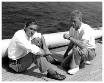 Ernest Ratsey (left) and Rod Stephens (right) aboard Ranger. From the Edwin Levick Collection.
