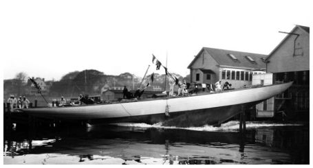 A photograph from the Edwin Levick Collection, taken by Levick, of the launching of the J-Class yacht, Weetamoe.