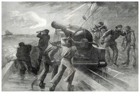 This sketch appeared in an 1864 edition of Harper's Weekly and shows the chase of a Confederate Schooner by a Union Blockade fleet.