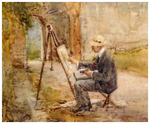 Portrait of the artist, seated painting at his easel beside a sunlit archway in a garden at Porta Mojano