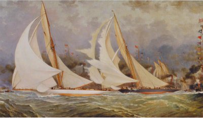 Spinnaker Letting Go by Barlow Moore depicts Watson's Valkyrie II losing the 1893 Americas Cup to Nat Herreshoff's Vigilant