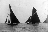1-01/06/1908-Royal Harwich Yacht Club Regatta. White Heather leading Shamrock. Completing first round.