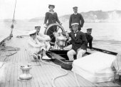 1415-King Alfonso's party, the Queen of Spain, Sir Thomas Lipton and Colonel Neill aboard Shamrock. c1910.
