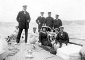 1421-Sir Thomas Lipton, the Queen of Spain and King Alfonso's party aboard Shamrock. c1910.