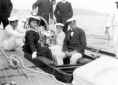 1426-Sir Thomas Lipton on board Shamrock with the Queen of Spain. c1910.