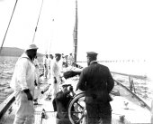 1592-View along Shamrock's decks from helm, with crew. c1900.