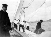 722-Taking in fore staysail on Shamrock I. Taken on the Clyde. May 1903.