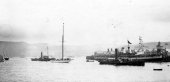 828-Shamrock III under Jury Rig at Gourock Pier. The Flying Phantom and Queen Alexandra are also in shot. May 1903.