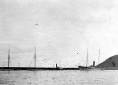 863-The Lipton fleet at Fayal Harbour, Azores. Shamrock I, Shamrock III, cruiser and Erin. June 1903.