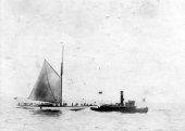 871-Shamrock III being taken in tow by SS Charles Matthews. June 1903.