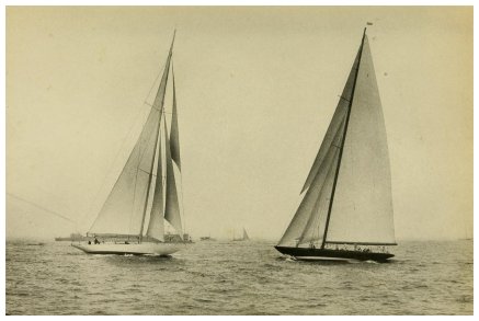 Enterprise (left) homeward bound, passing Shamrock V outward bound, in the first race