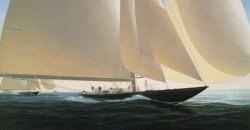 In the tradition of his most popular work John Mecray comes in close to the action in 1930 as the newly launched J-Class sloop Shamrock V races downwind with all sails set. King George V's Britannia can be seen in close pursuit.. Shamrock will soon depart for Newport Rhode Island to challenge for the America's Cup.