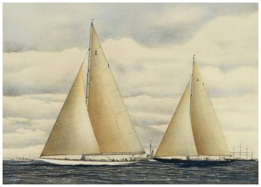 The 1934 Match. Rainbow assuming the lead from Endeavour in the third race of the 1934 Match on September 20th off Newport, R.I., just before the latter tacked for the third time after rounding the mark. By Robert F. Paterson.
