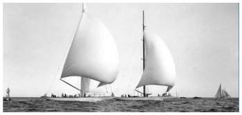 Yankee and Rainbow with their spinnakers flying during a pre-America's Cup trial race for the defenders position.  Rainbow won the spot to defend the Cup and went on to win the 1934 America's Cup.  From the Edwin Levick Collection.