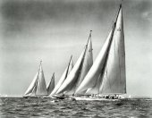 Photographed by Rosenfeld and Sons on July 8, 1937. Image of the last time that all five of the J Class sloops were together in history that year as seen undersail at the start of the J Class race during the New York Yacht Club Cruise on Buzzards Bay, Massachusetts. From left to right: port beam view of RAINBOW (J/4), ENDEAVOUR (J/K4), RANGER (J/5), ENDEAVOUR II (J/K6) and YANKEE (J/US2) on starboard close reach.