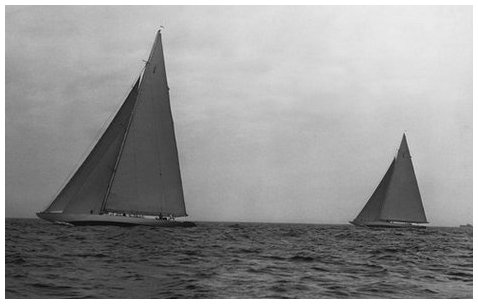 Ranger (left) and Yankee (right) during a America's cup trial race. From the Edwin Levick Collection.